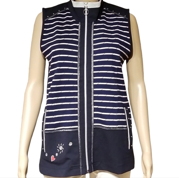 Dolcezza Long Fall Spring Vest Wearable Art / Sz S / Navy blue, white - Picture 4 of 17